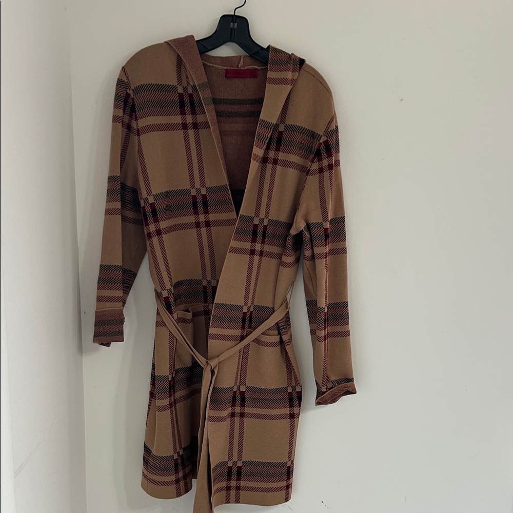 Elegant Tan Plaid Hooded sweater coat
